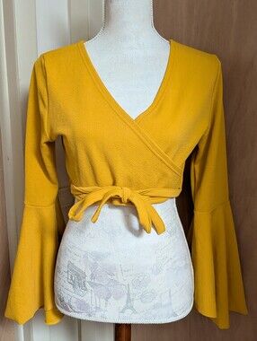 SHEIN Mustard Yellow Wrap Crop Top Bell Sleeve Boho Size Small